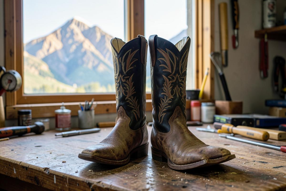Restored leather boots on a workbench, shoe repair serving Centennial, Colorado