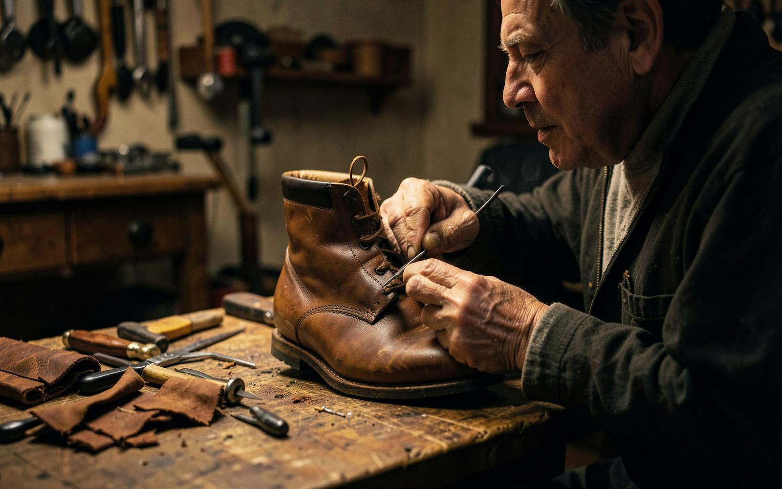 Cobbler hand-stitching a brown leather boot at a workbench in Castle Rock, Colorado