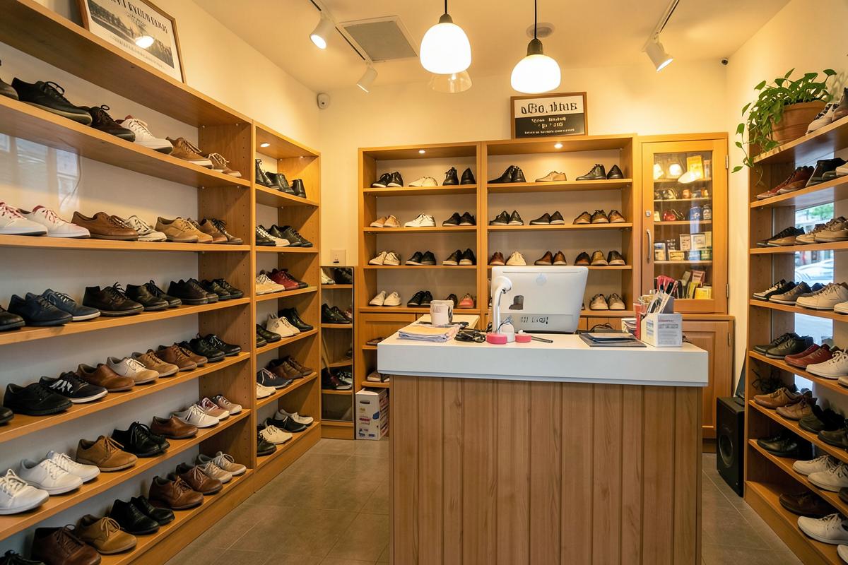 Interior of the Queenievaro Co. shoe repair shop with shelves of finished shoes